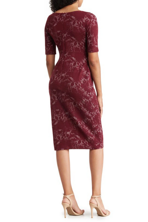 Jacquard Style Print Wine White Round Neckline Textured Print Sheath Dress by Maggy London G3202M