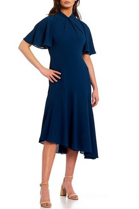 Maggy London G3570M Dark Denim Blue Twist Mock Neck Short Flutter Sleeve Bubble Crepe Midi Dress