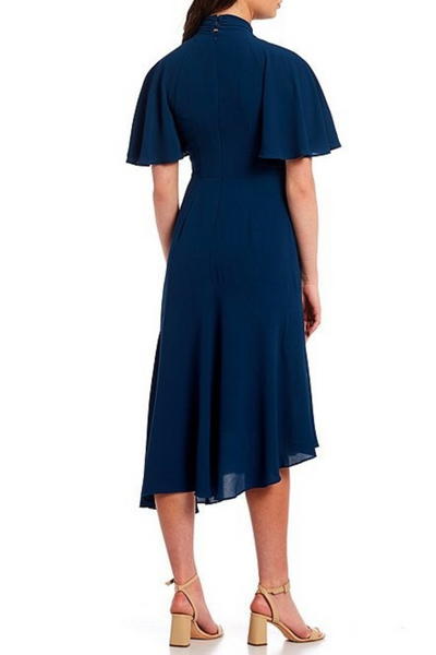 Dark Denim Blue Twist Mock Neck Short Flutter Sleeve Bubble Crepe Midi Dress by Maggy London G3570M
