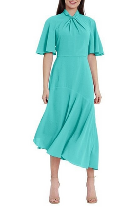 Maggy London G3570M Seafoam Twist Mock Neck Short Flutter Sleeve Bubble Crepe Midi Dress