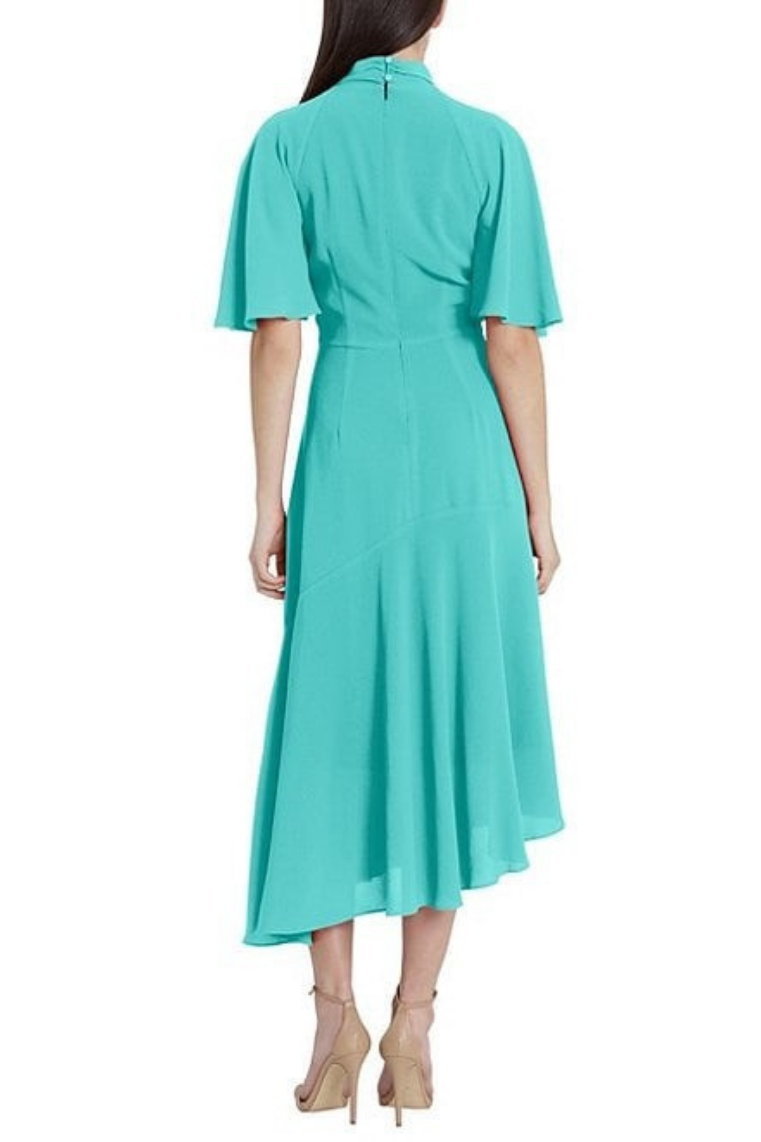 Seafoam Twist Mock Neck Short Flutter Sleeve Bubble Crepe Midi Dress by Maggy London G3570M