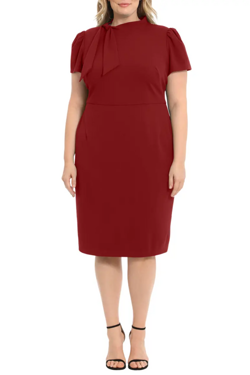Tie Mockneck Short Sleeve Scuba Crepe Sheath Dress by Maggy London G3779M