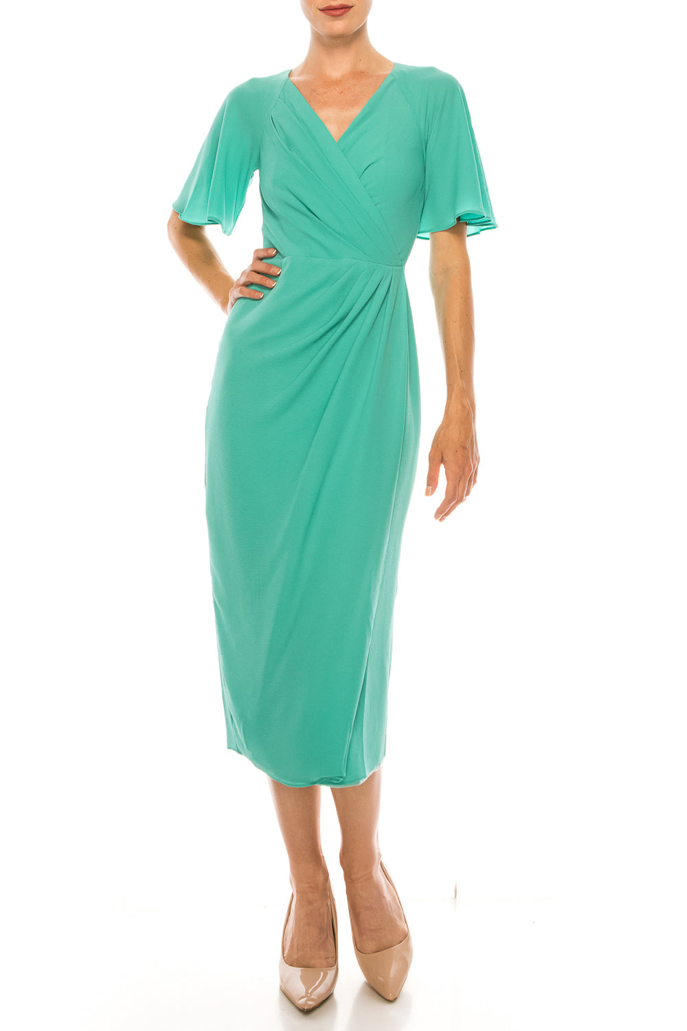 Green Short Sleeve Wrap V-Neck Pleated Bubble Crepe Midi Dress by Maggy London G4077M