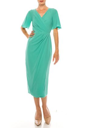 Maggy London G4077M Green Short Sleeve Wrap V-Neck Pleated Bubble Crepe Midi Dress
