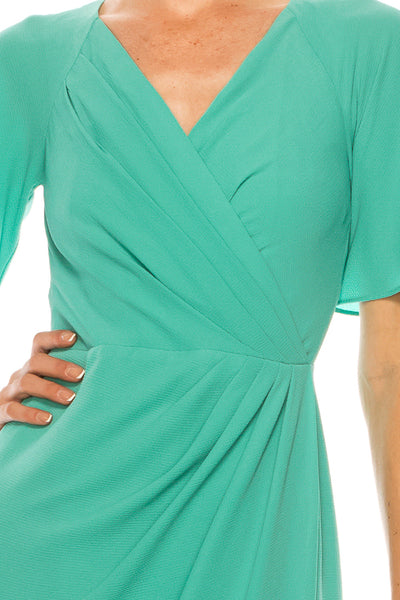 Green Short Sleeve Wrap V-Neck Pleated Bubble Crepe Midi Dress by Maggy London G4077M