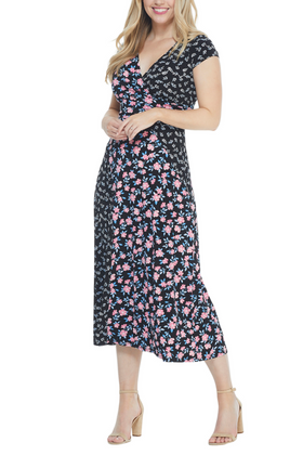 Maggy London G4443M Black Coral Multi Floral Print Cap Sleeve Jersey Midi Dress