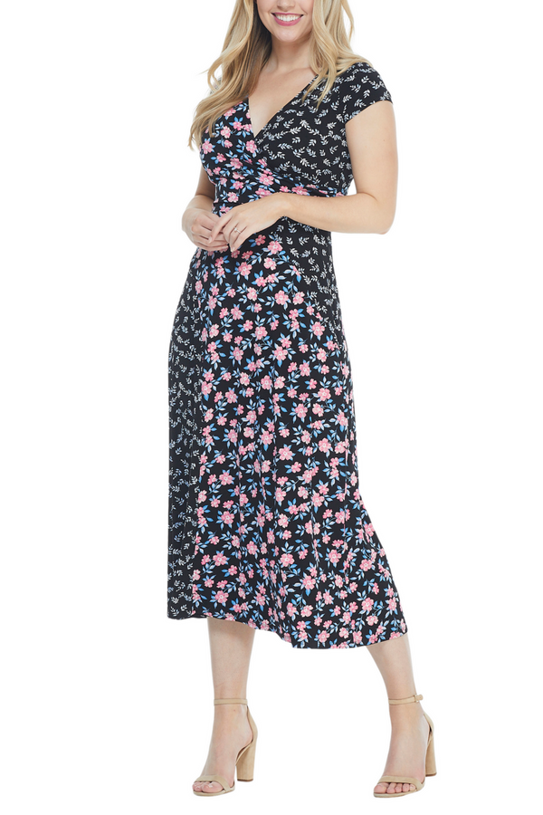 Black Coral Multi Floral Print Cap Sleeve Jersey Midi Dress by Maggy London G4443M