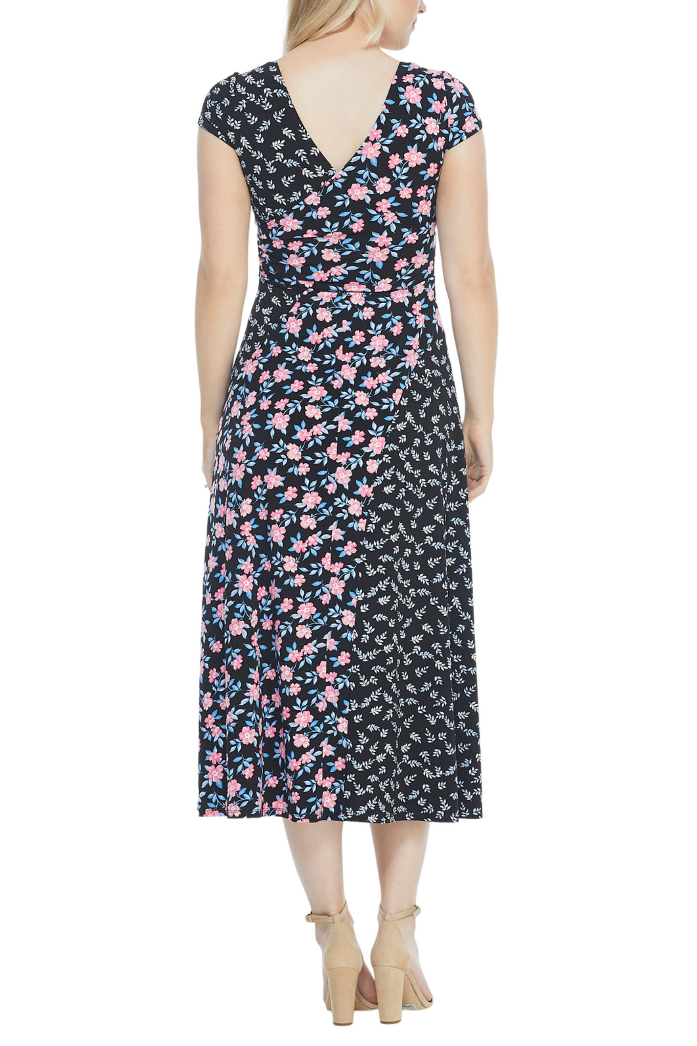 Black Coral Multi Floral Print Cap Sleeve Jersey Midi Dress by Maggy London G4443M