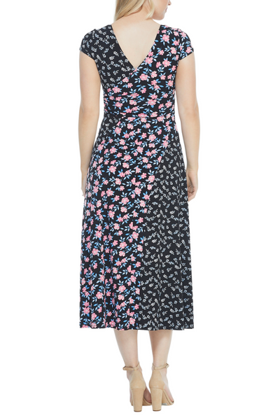 Black Coral Multi Floral Print Cap Sleeve Jersey Midi Dress by Maggy London G4443M