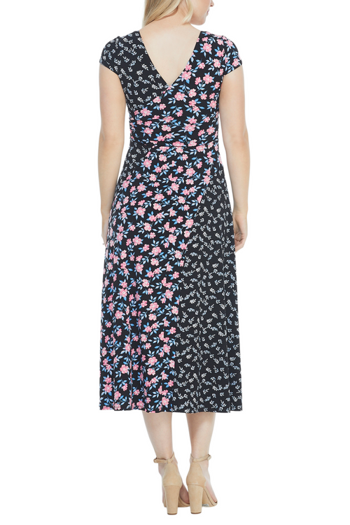 Black Coral Multi Floral Print Cap Sleeve Jersey Midi Dress by Maggy London G4443M
