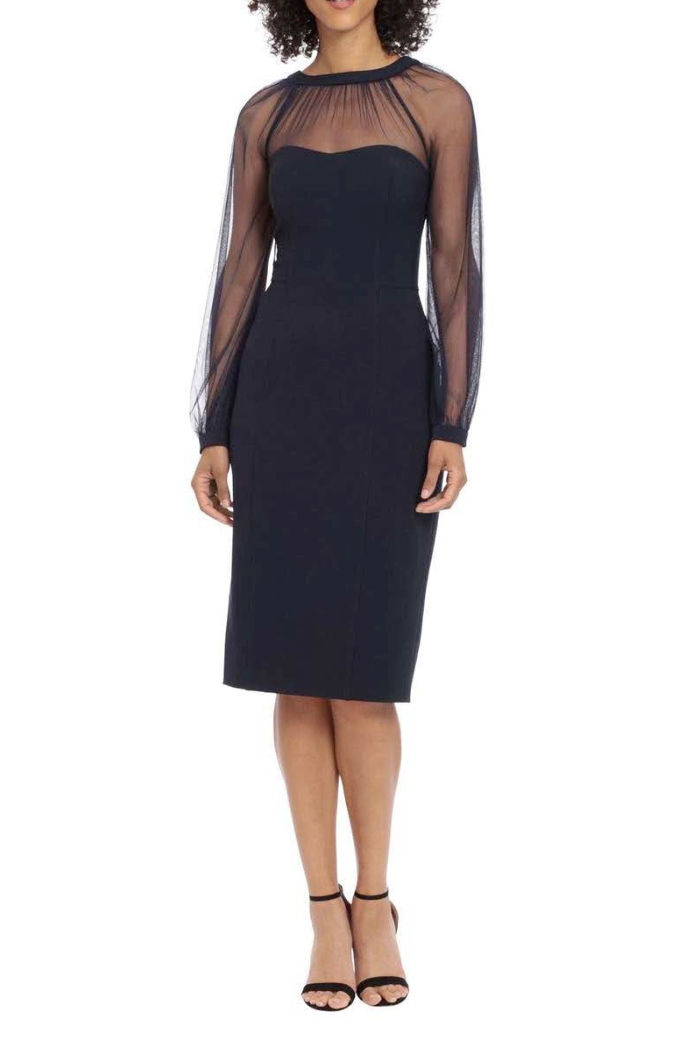 Illusion Mesh Neckline Navy V-Neck V-Back Side Slit Scuba Crepe Mesh Sheath Dress by Maggy London G4507M