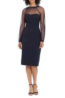 Maggy London G4507M Illusion Mesh Neckline Navy V-Neck V-Back Side Slit Scuba Crepe Mesh Sheath Dress