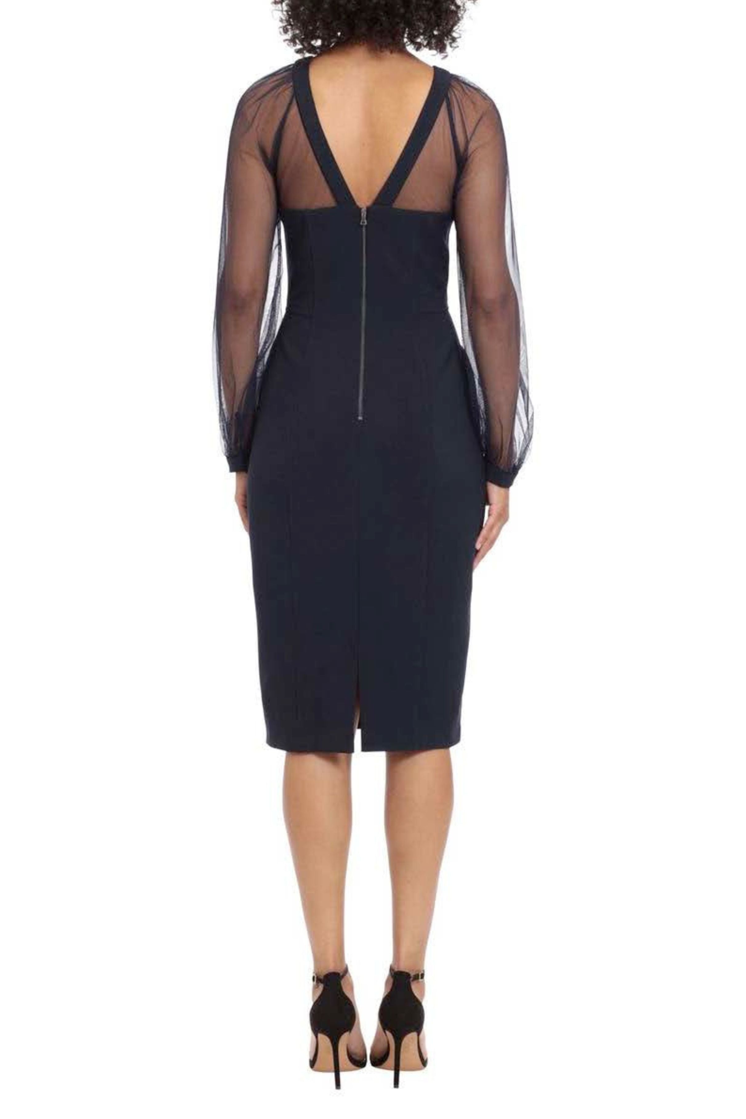 Illusion Mesh Neckline Navy V-Neck V-Back Side Slit Scuba Crepe Mesh Sheath Dress by Maggy London G4507M