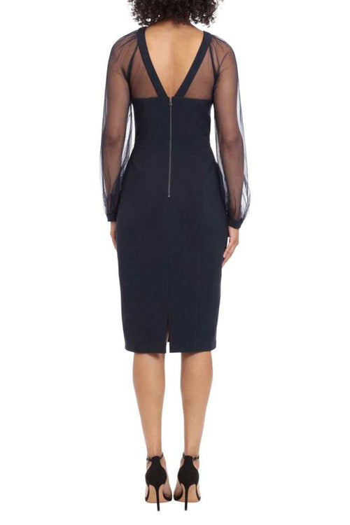 Illusion Mesh Neckline Navy V-Neck V-Back Side Slit Scuba Crepe Mesh Sheath Dress by Maggy London G4507M