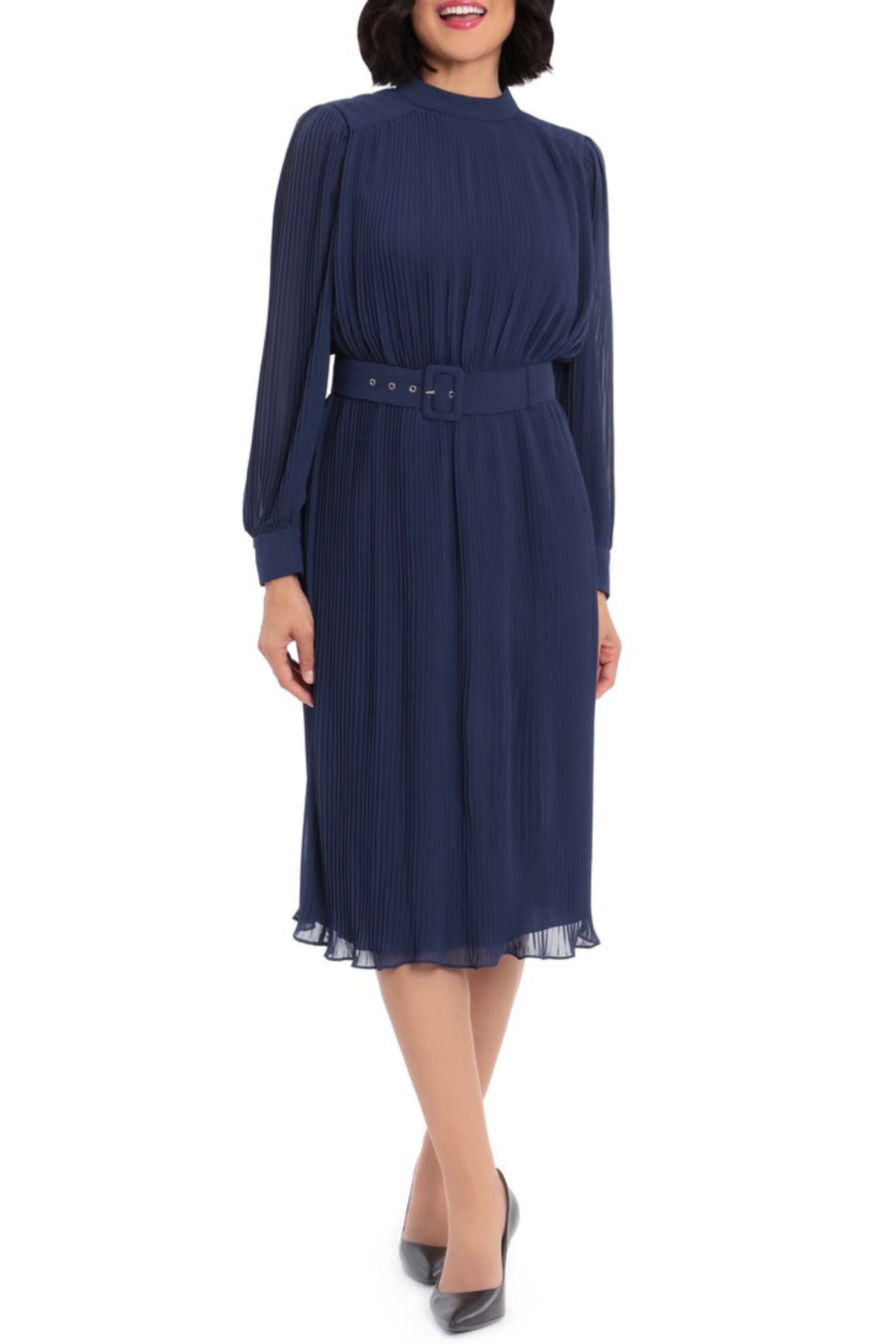 Pleated Blouson Navy Mock Neck Long Sleeve Chiffon Midi Dress by Maggy London G4806M