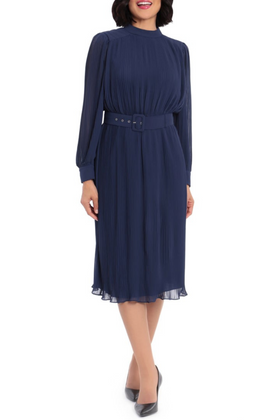 Maggy London G4806M Pleated Blouson Navy Mock Neck Long Sleeve Chiffon Midi Dress