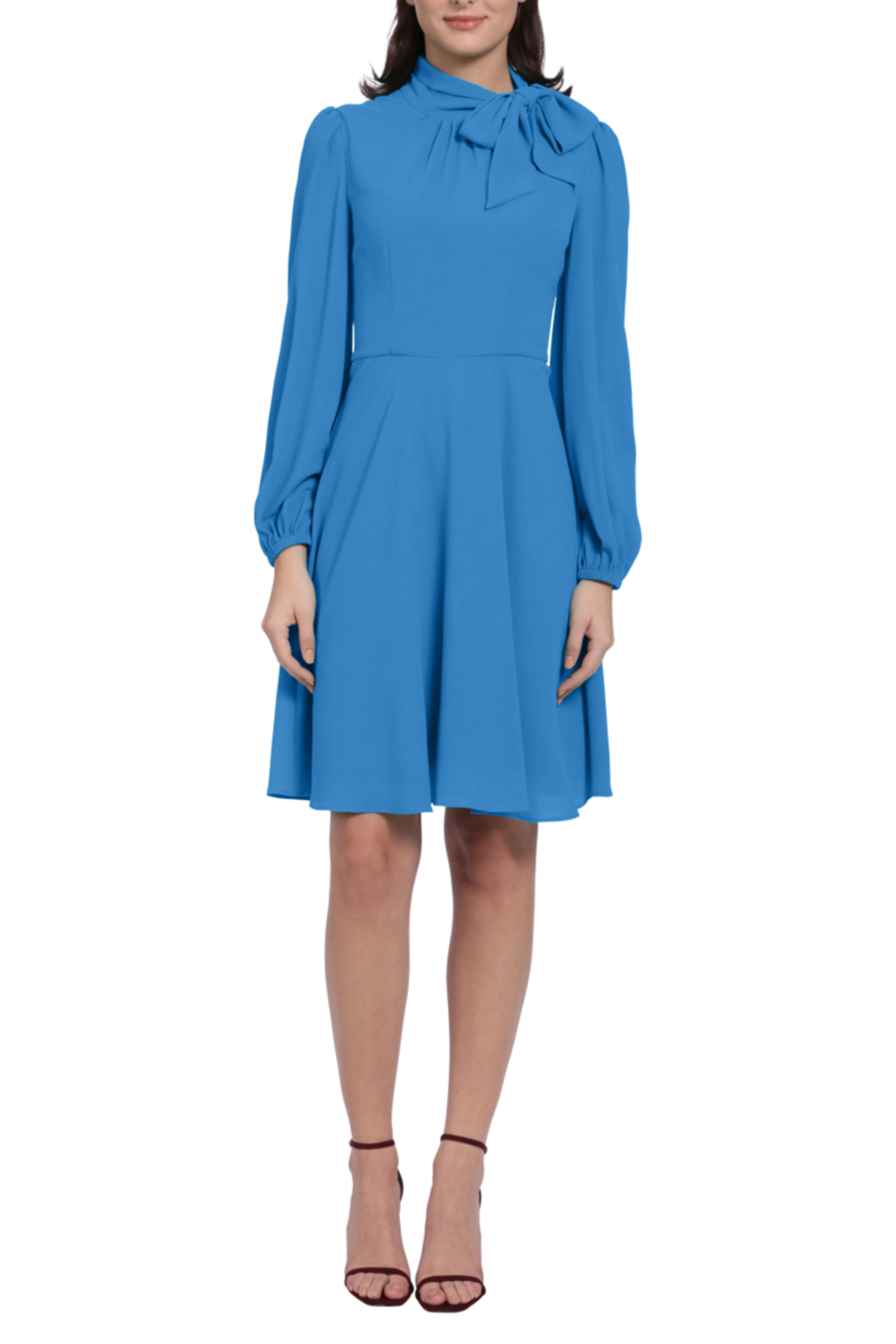 Long Sleeve Tie-Neck Flare Dazzling Blue Mock Neck Long Balloon Sleeve Bow Detail Bubble Crepe Dress by Maggy London G4831M
