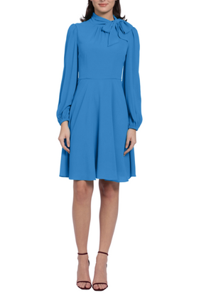 Maggy London G4831M Long Sleeve Tie-Neck Flare Dazzling Blue Mock Neck Long Balloon Sleeve Bow Detail Bubble Crepe Dress