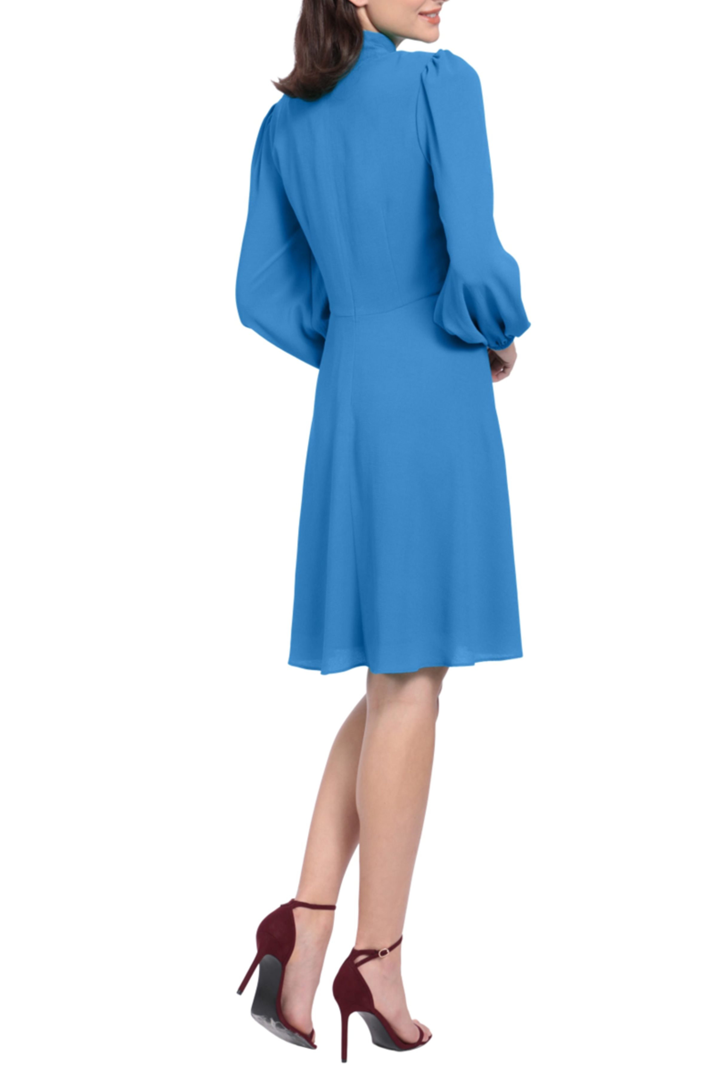 Long Sleeve Tie-Neck Flare Dazzling Blue Mock Neck Long Balloon Sleeve Bow Detail Bubble Crepe Dress by Maggy London G4831M