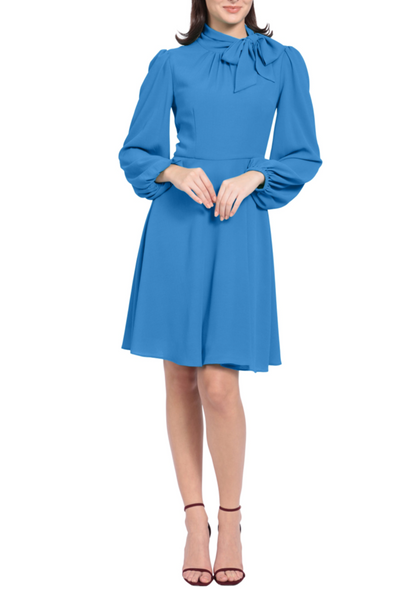 Long Sleeve Tie-Neck Flare Dazzling Blue Mock Neck Long Balloon Sleeve Bow Detail Bubble Crepe Dress by Maggy London G4831M