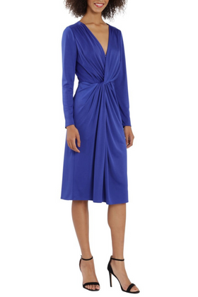 Maggy London G5057M Blue Front Twist Long Sleeve V-Neck Shiny Jersey Midi Dress