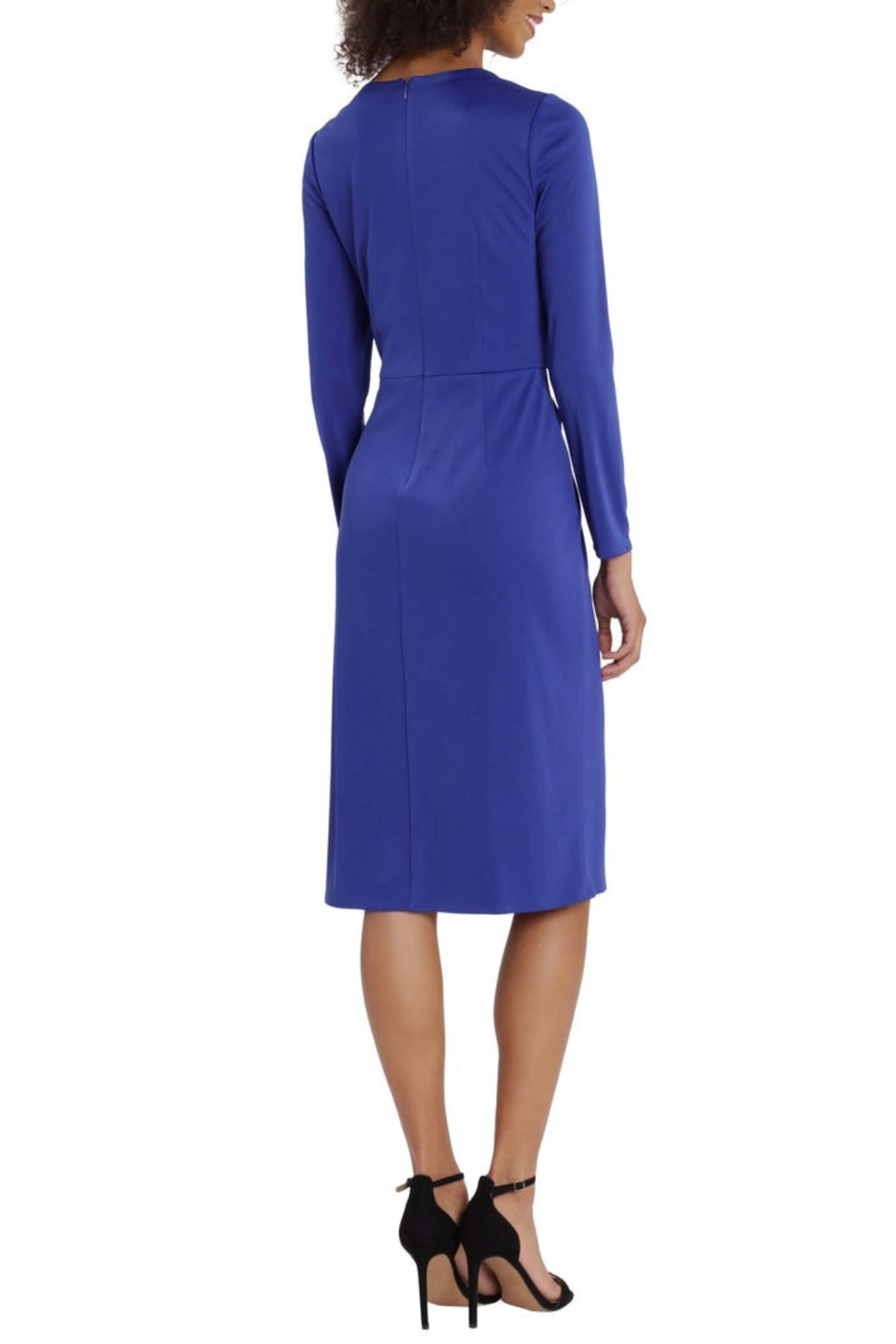 Blue Front Twist Long Sleeve V-Neck Shiny Jersey Midi Dress by Maggy London G5057M