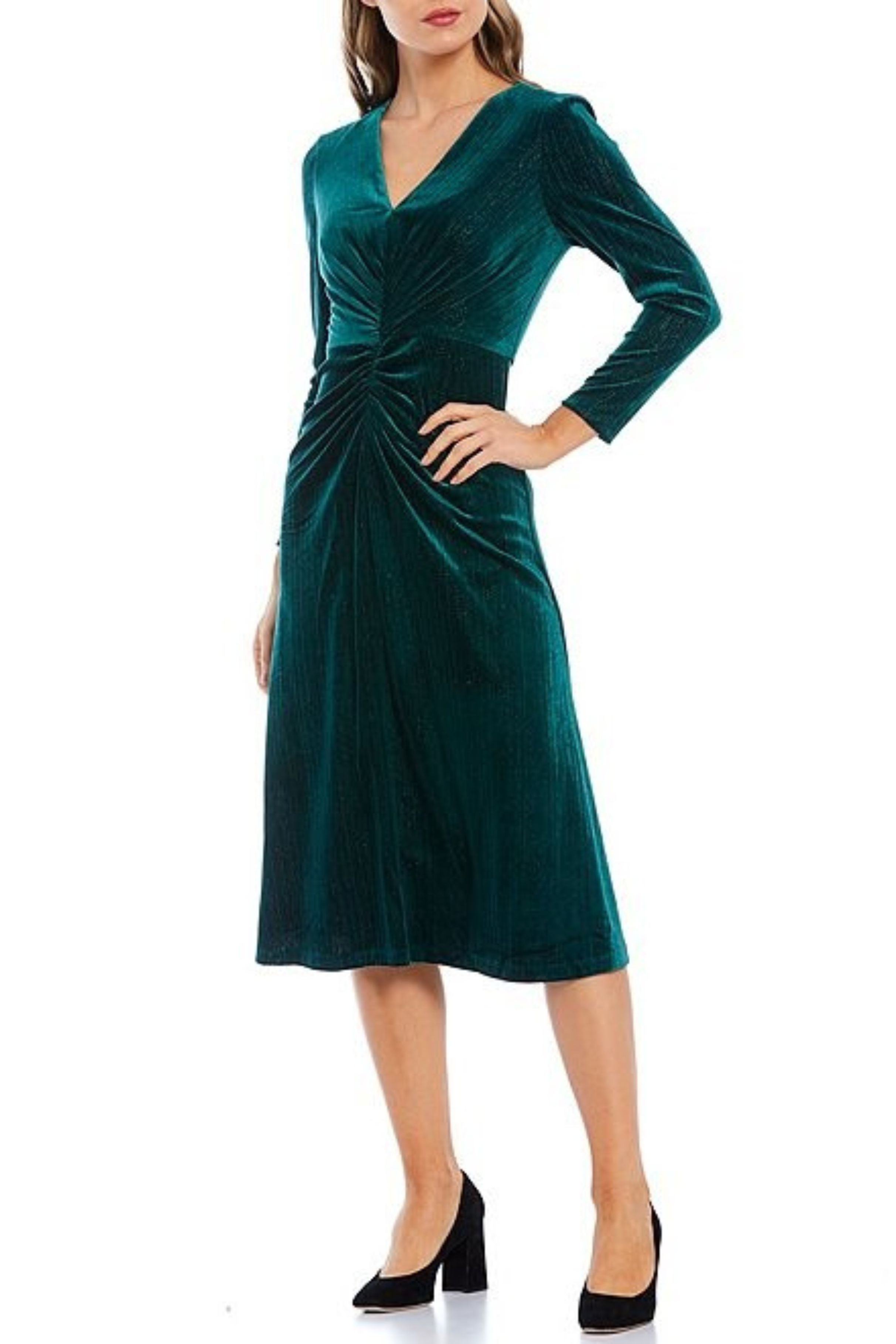 Velvet Long Sleeve Midi Green V-Neck Party Dress by Maggy London G5085M