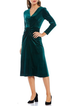 Maggy London G5085M Velvet Long Sleeve Midi Green V-Neck Party Dress
