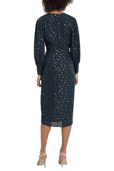 Long Sleeve Dot Print Faux Green Surplice V-Neck Pleated Wrap Dress by Maggy London G5094M