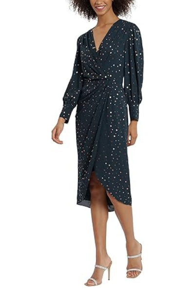 Long Sleeve Dot Print Faux Green Surplice V-Neck Pleated Wrap Dress by Maggy London G5094M