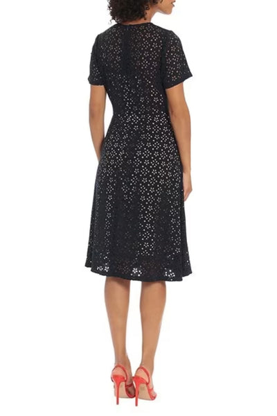 Fit & Flare Laser Cut Overlay Navy Short Sleeve Floral Print Laser Cut Crepe Dress by Maggy London G5200M