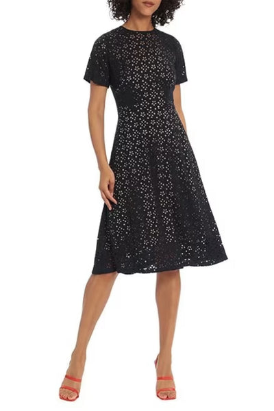 Fit & Flare Laser Cut Overlay Navy Short Sleeve Floral Print Laser Cut Crepe Dress by Maggy London G5200M