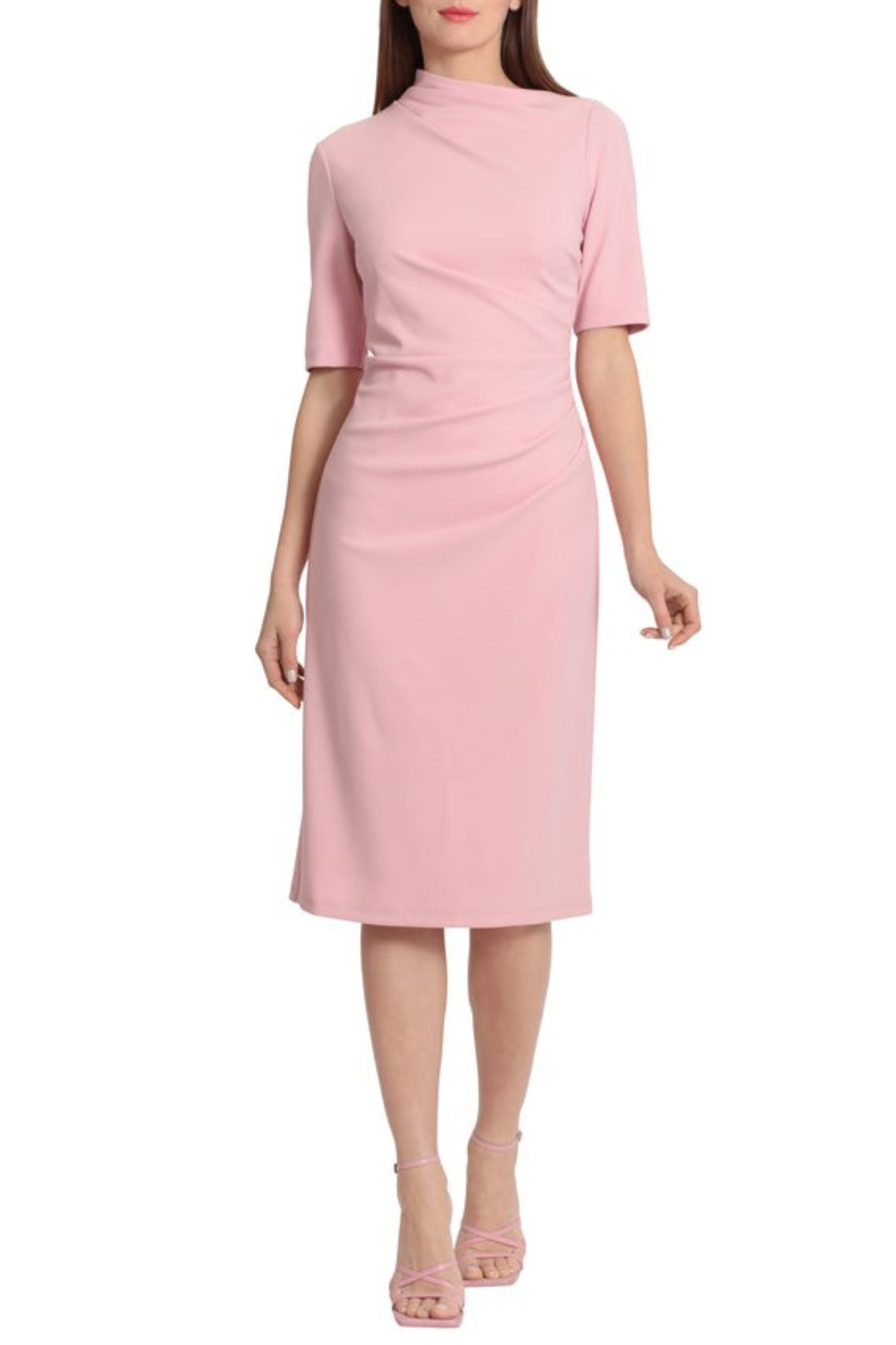 Pleated Waist 3/4 Sleeve Shell Pink Asymmetrical Neckline Scuba Crepe Sheath Dress by Maggy London G5230M