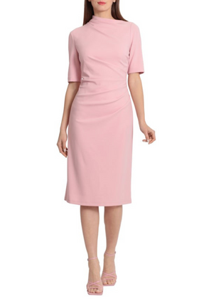 Maggy London G5230M Pleated Waist 3/4 Sleeve Shell Pink Asymmetrical Neckline Scuba Crepe Sheath Dress