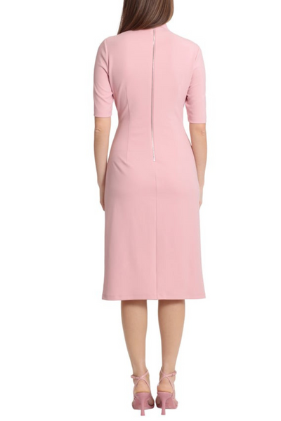 Pleated Waist 3/4 Sleeve Shell Pink Asymmetrical Neckline Scuba Crepe Sheath Dress by Maggy London G5230M
