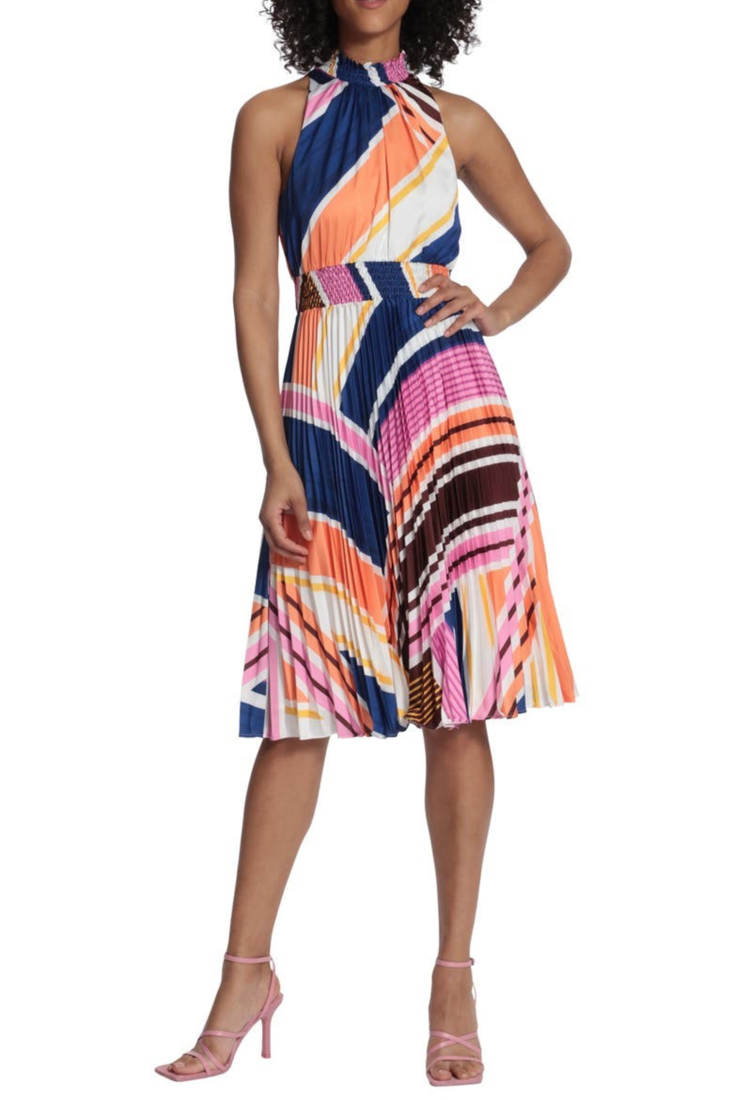 Multi Print High Neck Pleated Ivory Light Orange A-Line Dress by Maggy London G5237M