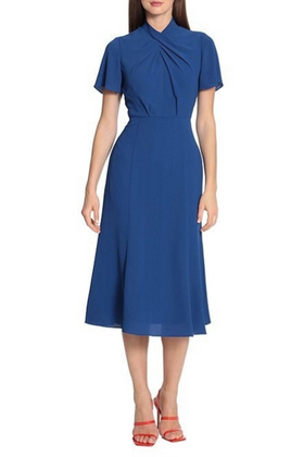 Maggy London G5286M Twist Mock Neck Short Sleeve Blue Midi Dress