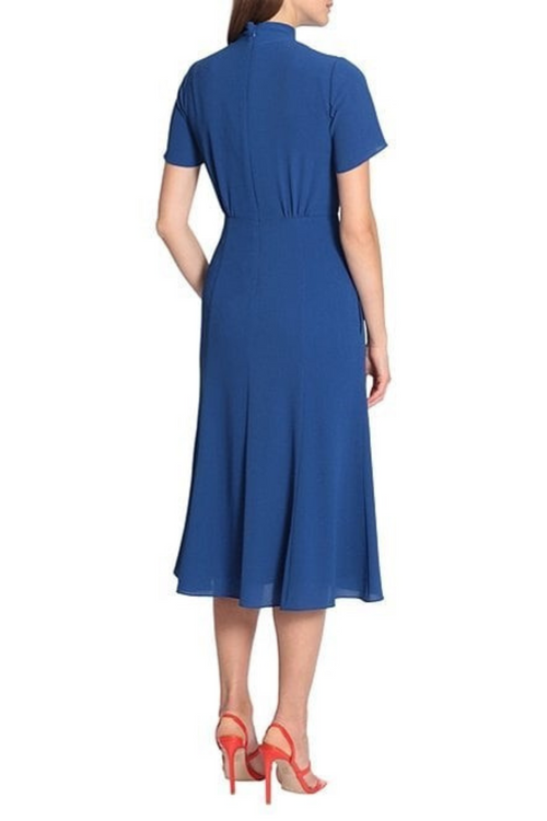 Twist Mock Neck Short Sleeve Blue Midi Dress by Maggy London G5286M