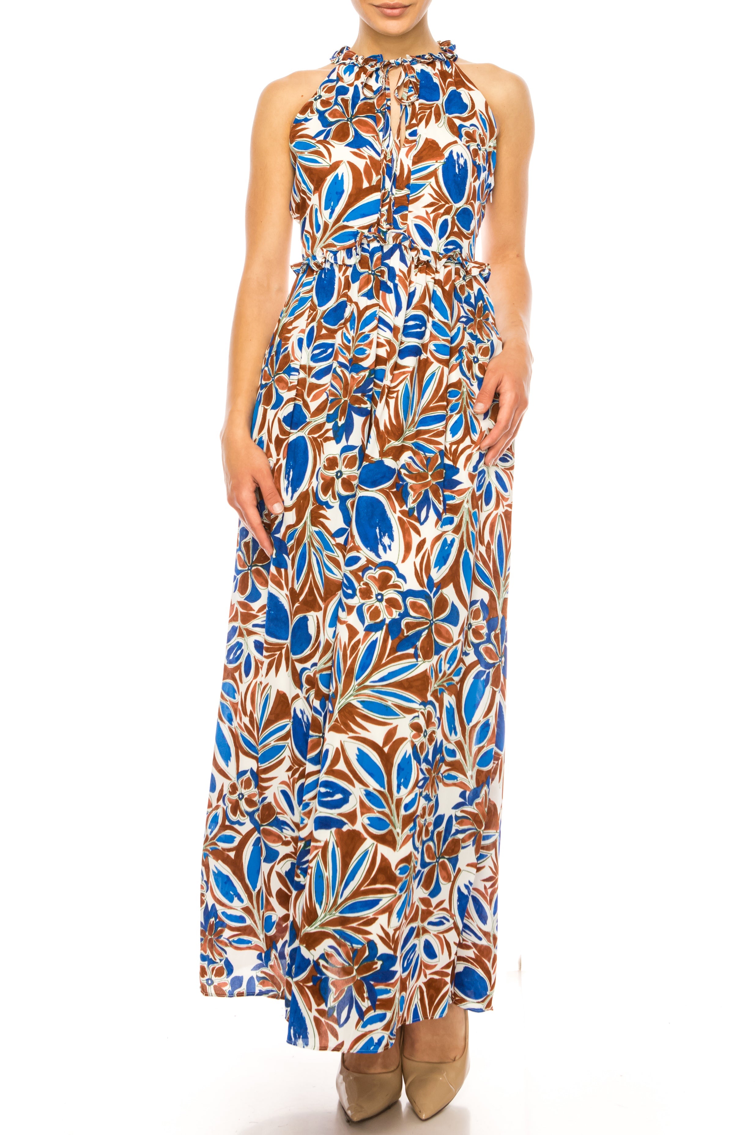 Floral Halter Keyhole Wht Royal Blue Halter Neck Floral Print Ruffle Pocket Maxi Dress by Maggy London G5291M