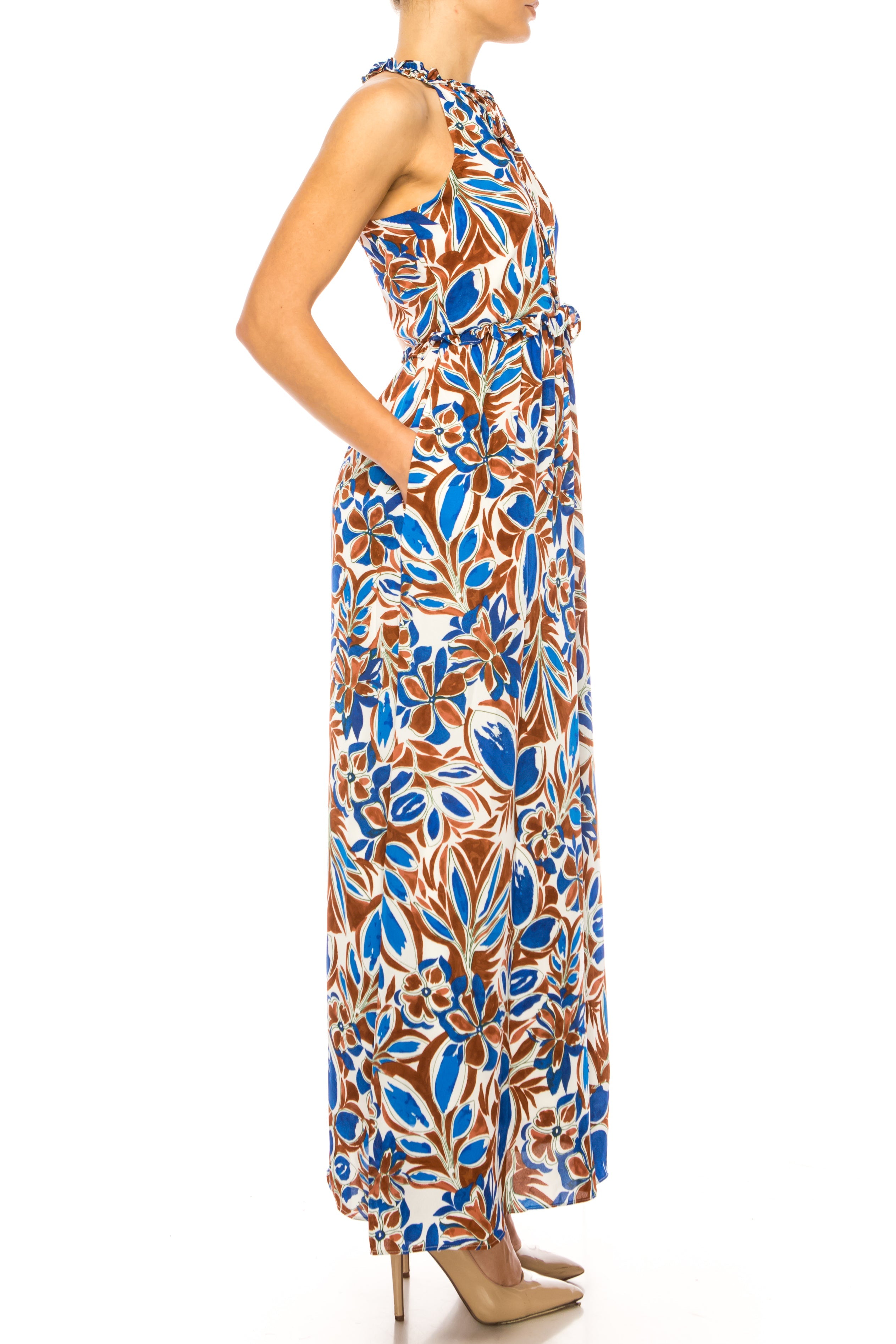 Floral Halter Keyhole Wht Royal Blue Halter Neck Floral Print Ruffle Pocket Maxi Dress by Maggy London G5291M