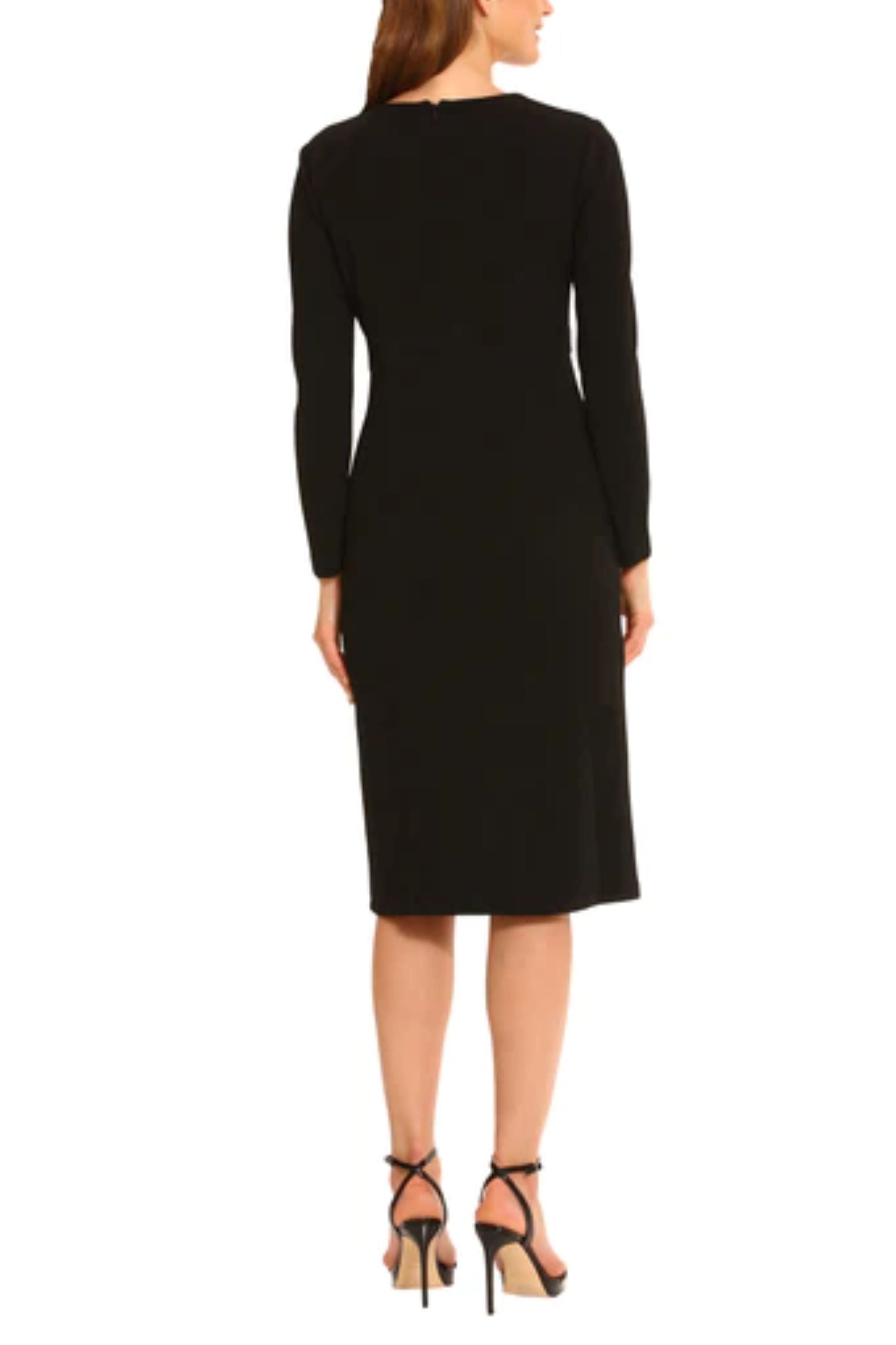 Long Sleeve Button Detail Black V-Neck Side Slit Bubble Crepe Dress by Maggy London G5360M