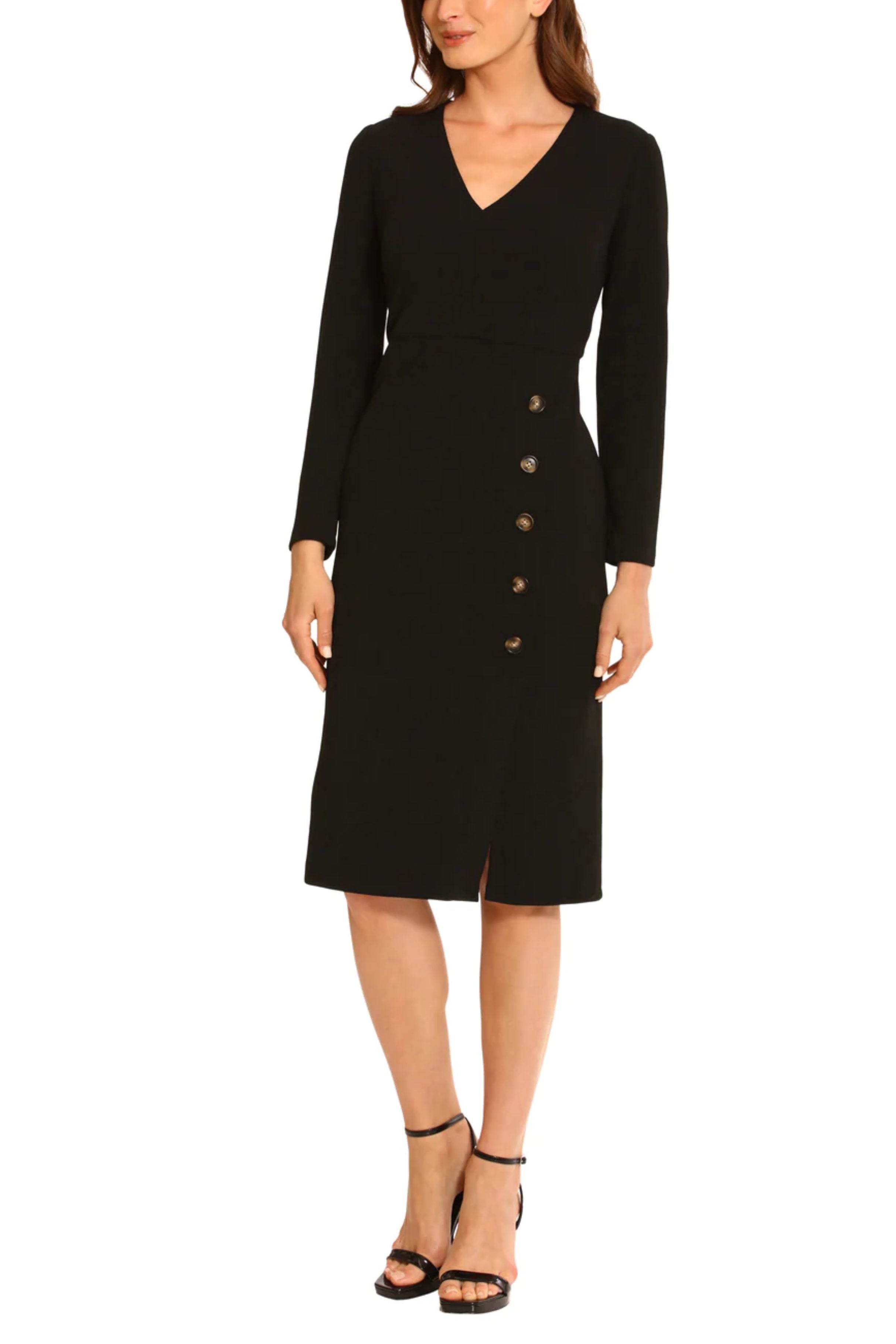 Long Sleeve Button Detail Black V-Neck Side Slit Bubble Crepe Dress by Maggy London G5360M
