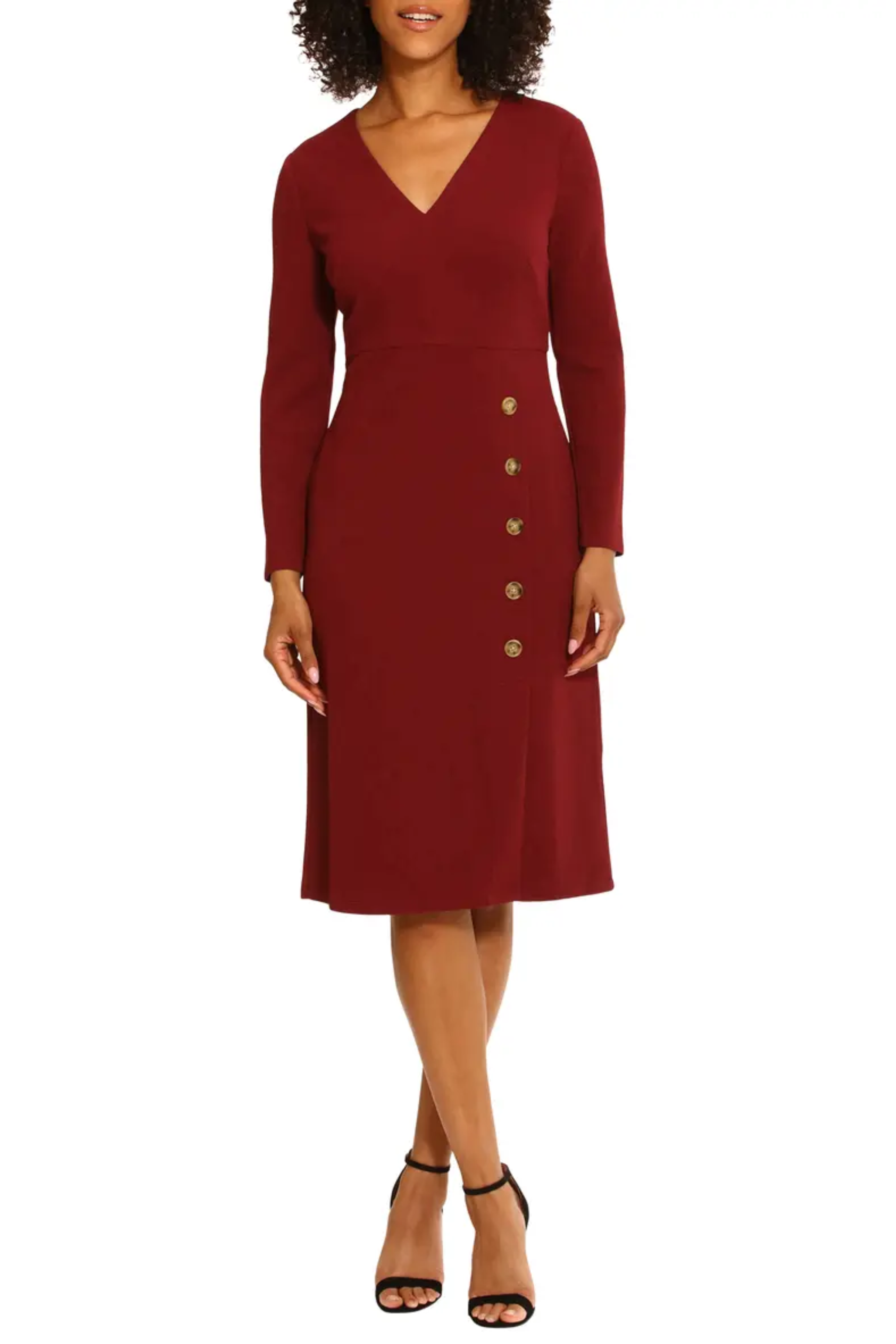 Long Sleeve Button Detail Zinfandel V-Neck Side Slit Bubble Crepe Dress by Maggy London G5360M
