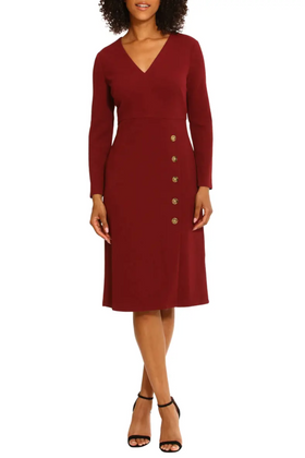 Maggy London G5360M Long Sleeve Button Detail Zinfandel V-Neck Side Slit Bubble Crepe Dress