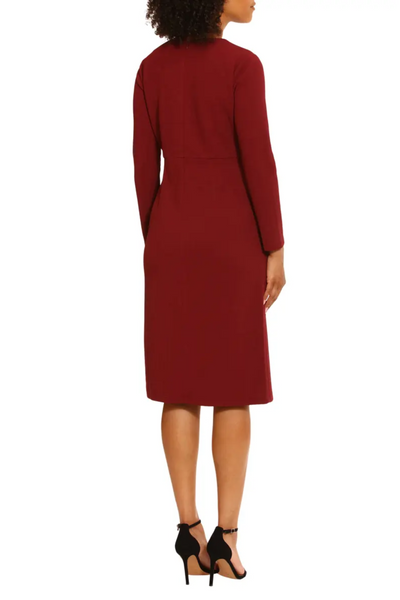Long Sleeve Button Detail Zinfandel V-Neck Side Slit Bubble Crepe Dress by Maggy London G5360M