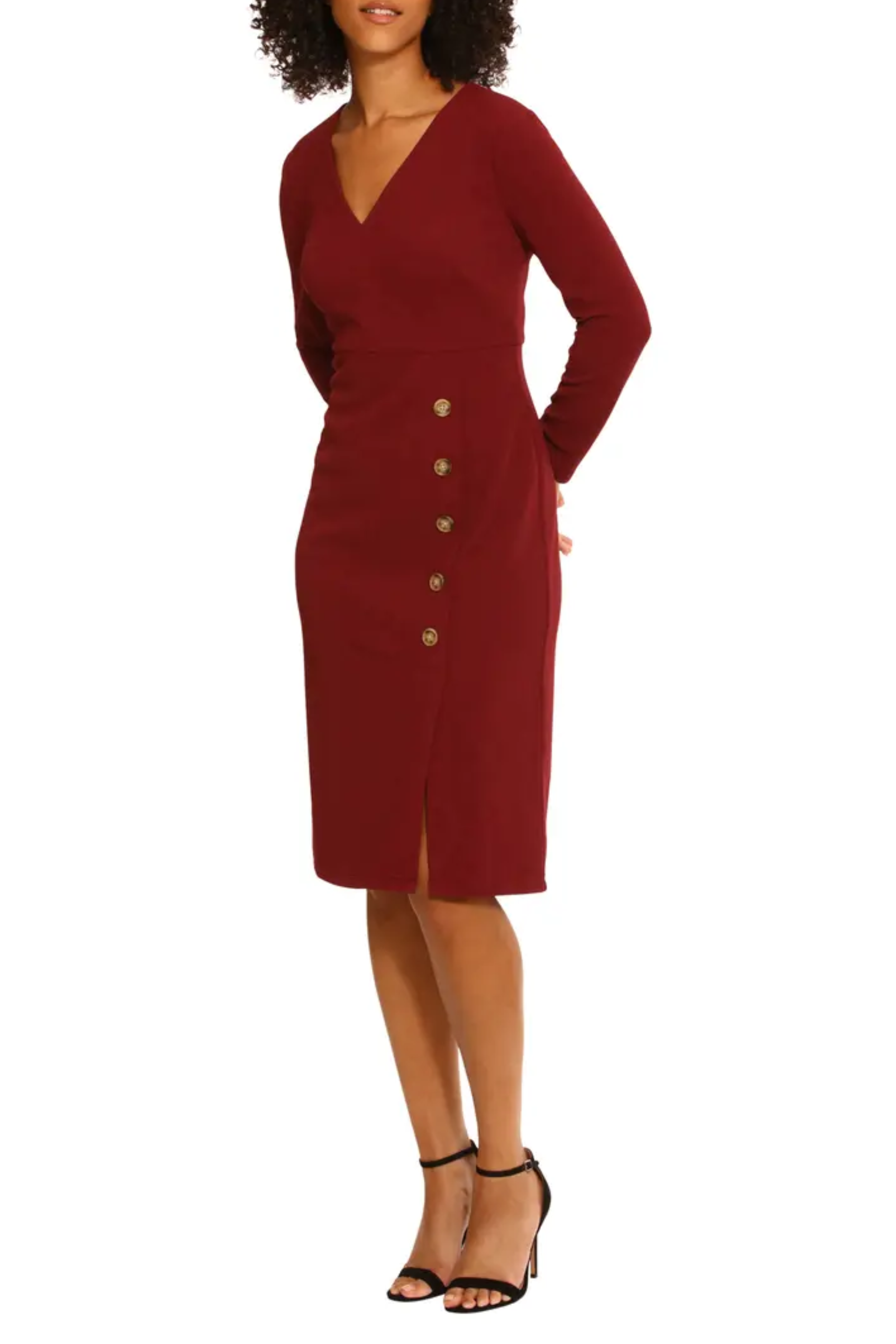 Long Sleeve Button Detail Zinfandel V-Neck Side Slit Bubble Crepe Dress by Maggy London G5360M