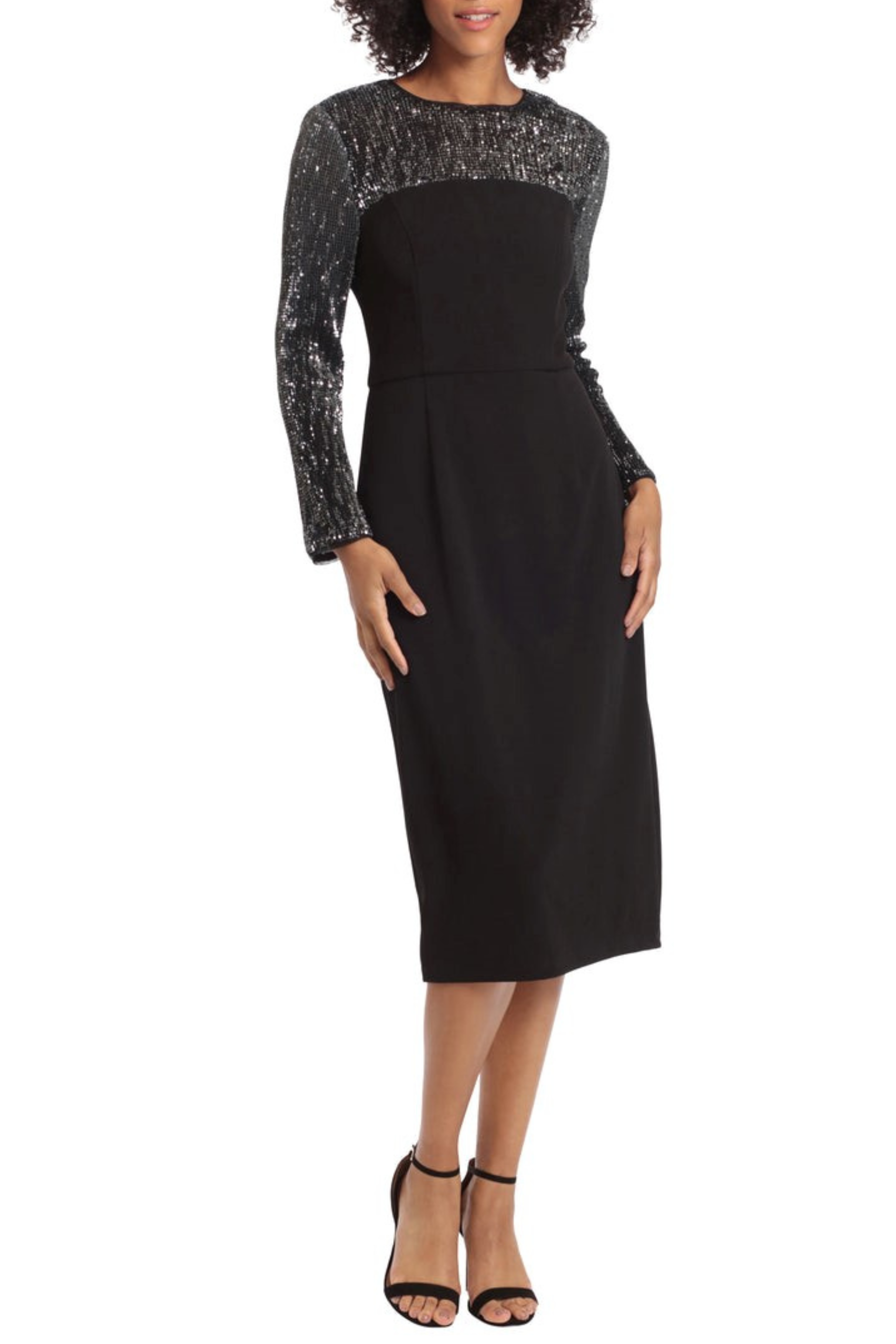 Sequin Illusion Neckline Midi Sheath Black Keyhole Back Bow Detail Scuba Crepe Party Dress by Maggy London G5371M