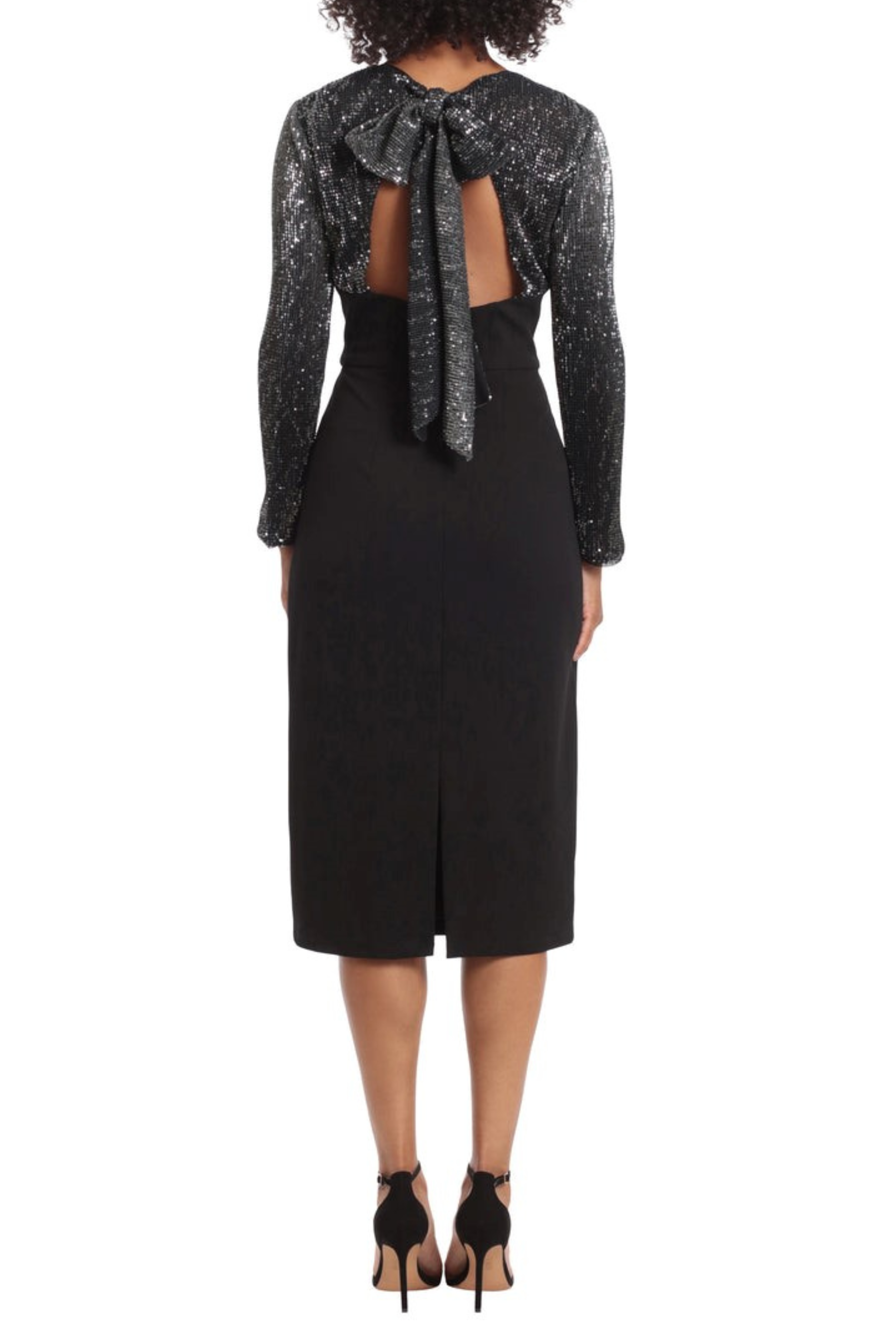 Sequin Illusion Neckline Midi Sheath Black Keyhole Back Bow Detail Scuba Crepe Party Dress by Maggy London G5371M