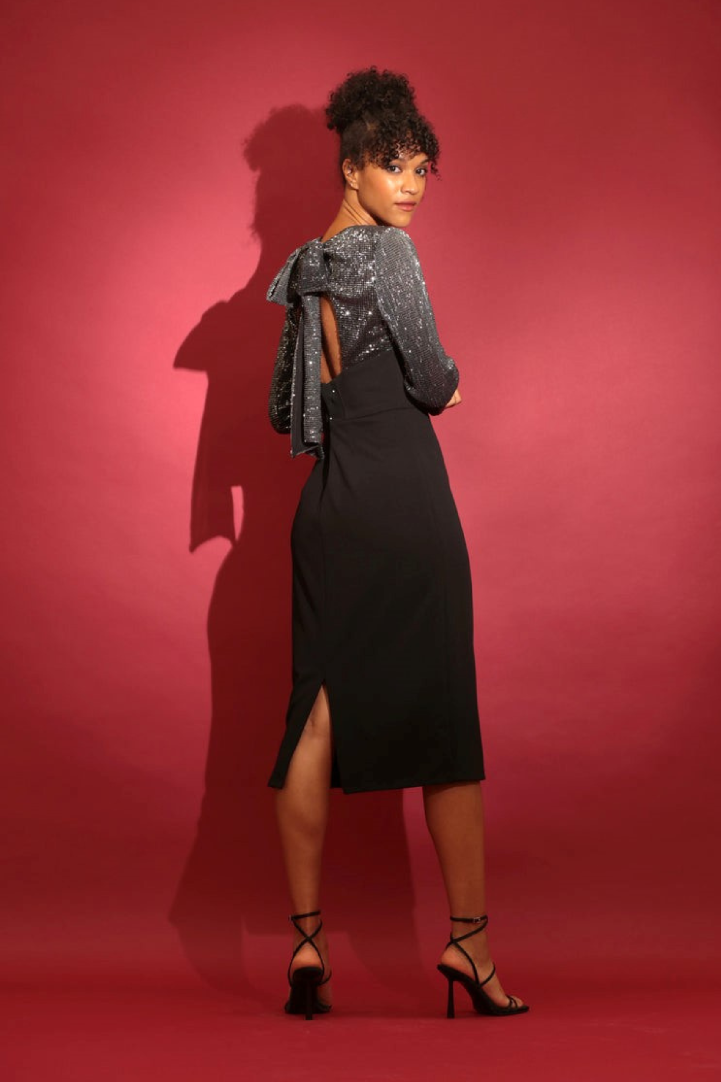 Sequin Illusion Neckline Midi Sheath Black Keyhole Back Bow Detail Scuba Crepe Party Dress by Maggy London G5371M