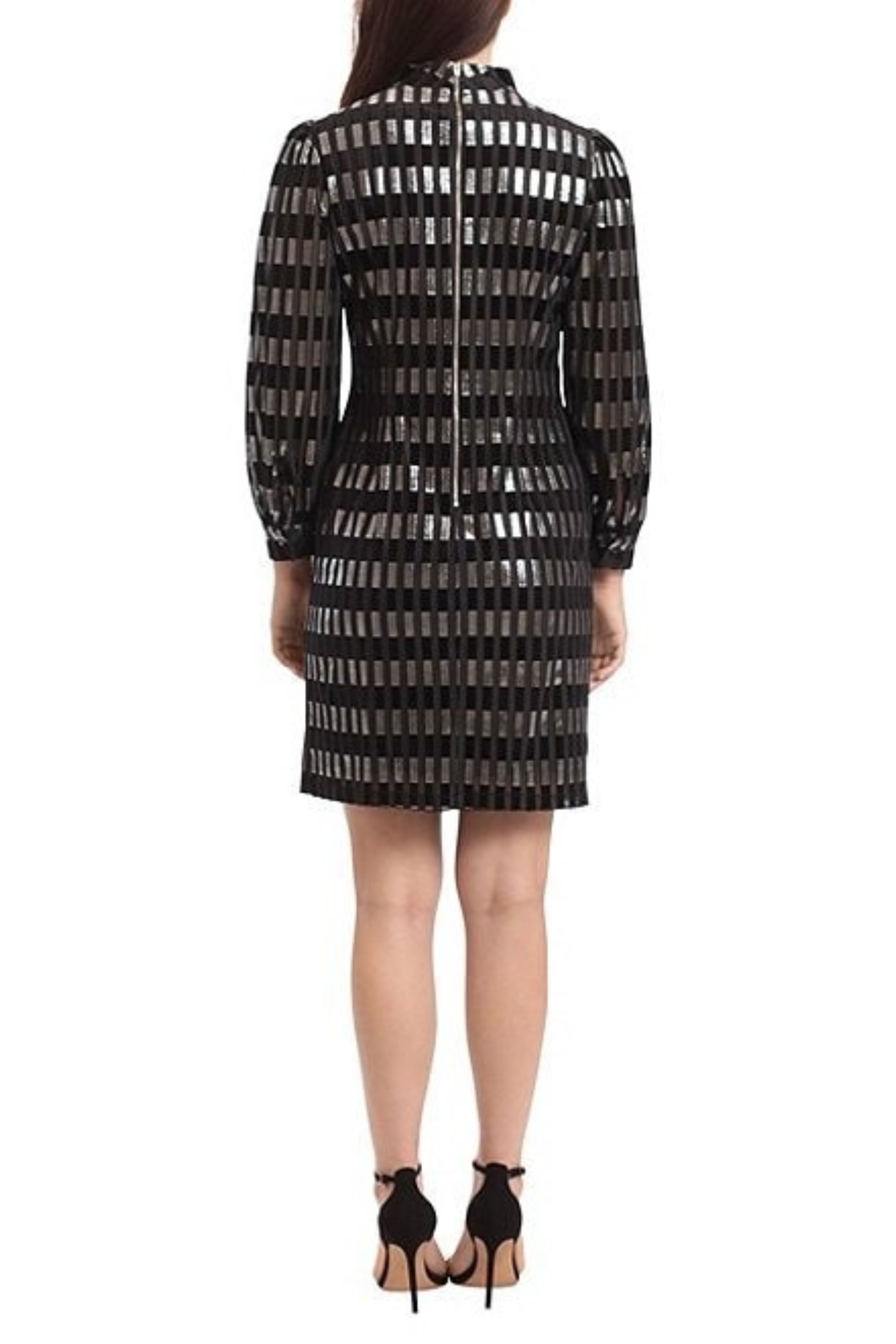 Mock Neck Long Sleeve Short Cocktail Black Silver Dress by Maggy London G5428M